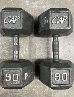 PAIR  OF  90 LB.  STEEL  CAP   HEX  DUMBBELLS