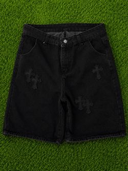 Black Denim Shorts with Cross Patches