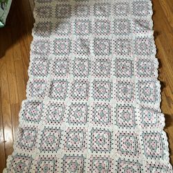 Handmade Knit Crocheted Baby Blanket Large White Pastel Pink Blue White
