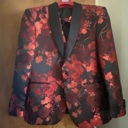 Men’s Size 46R Red Floral Print Suit Jacket With Best And Bow Tie