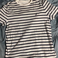 White And Navy Stripe Nautica Shirt Size L 100% Cotton