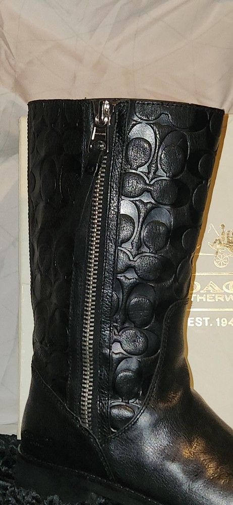Women's COACH Black Leather "Valentine" Signature C Logo Biker Boots Size 7.5