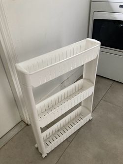 SHELF  FOR  BETWEEN  THE WASHER & DRYER - WHITE STURDY PLASTIC -  3  SHELVES