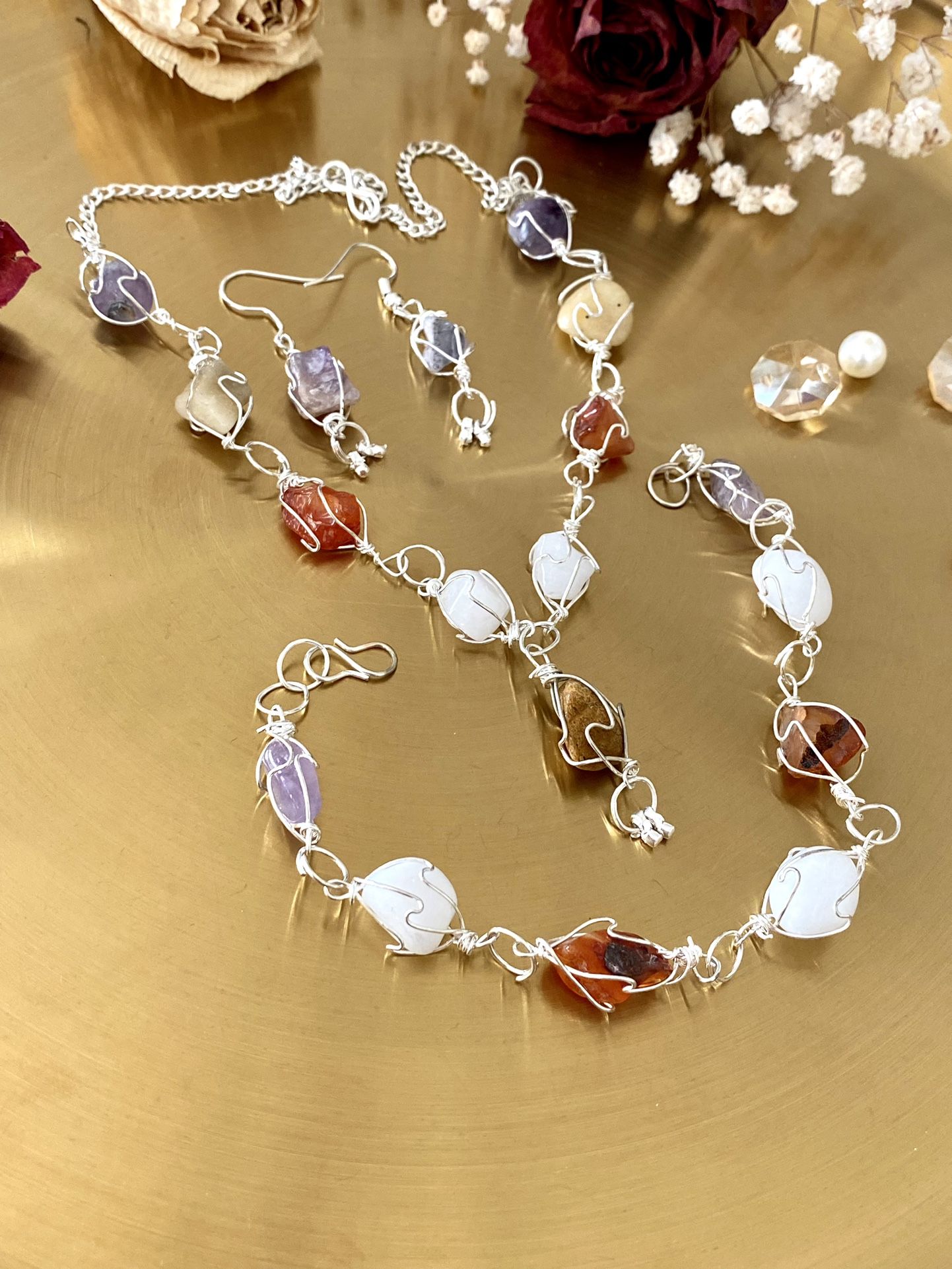 Multi Gemstone 925 Sterling Silver Overlay Handcrafted Necklace+Bracelet+Earrings Set