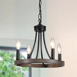 4 - Light Wagon Wheel Chandelier for Living Room Dining Room Kitchen - Black L23