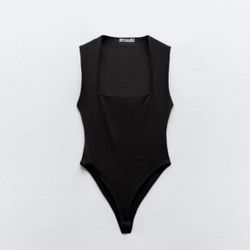 ZARA SQUARE NECK POLYAMIDE BODYSUIT, Black, Size S