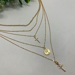 Rose Flower Cross Round Chain Pendant Multilayer Necklace