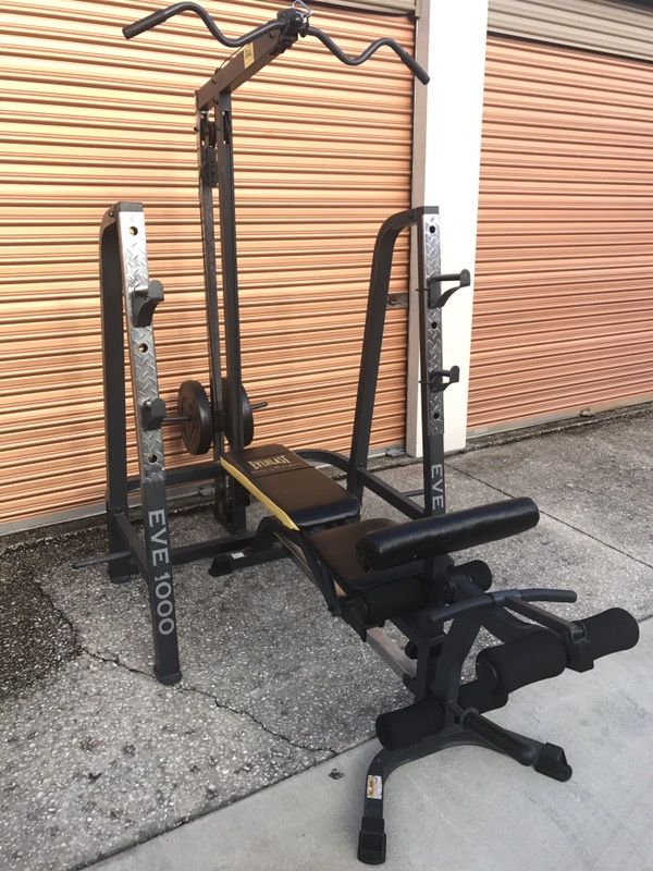 Everlast Squat Rack w/ Lat, Adjustable Pulley, Weight Bench