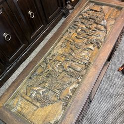 Vintage Carved Oriental Asian Figures Coffee Table Cabinet Old Chinese Wiseman
