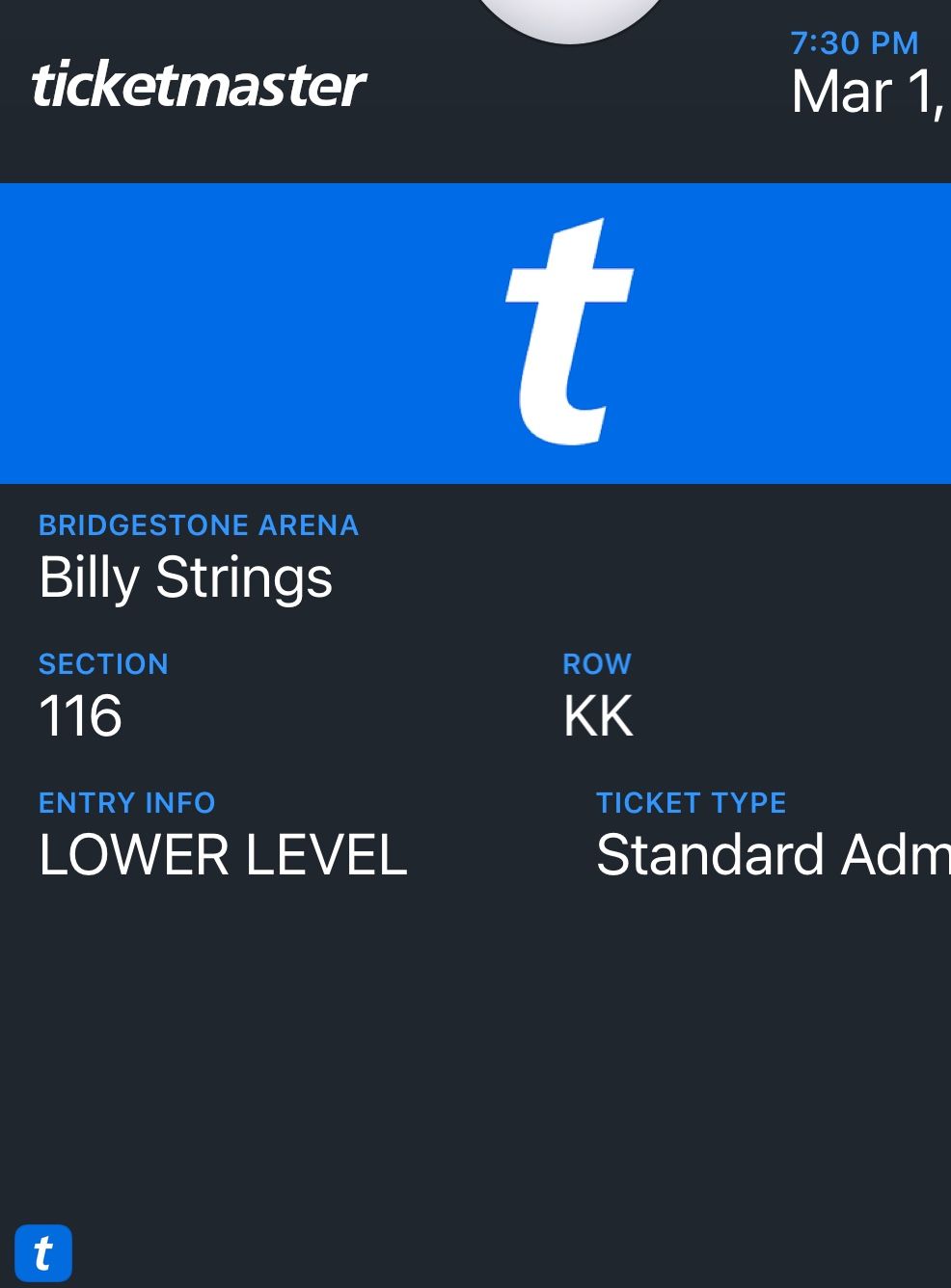 Billy String Ticket Nashville March 1 - 1 Ticket