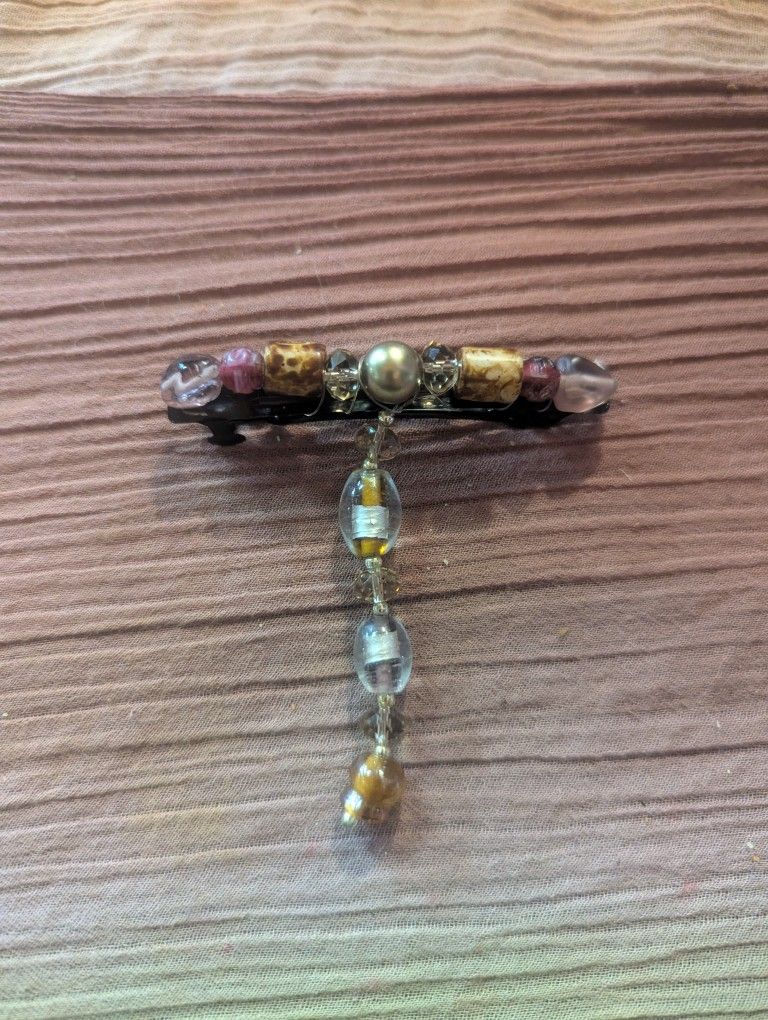 Handmade 3" Brown And Gold Beaded Hair Clip