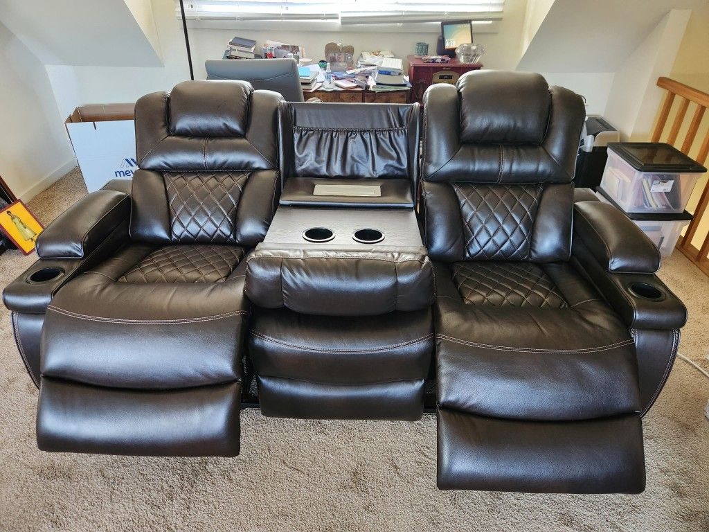 Dual Reclining Leather Sofa with Power Outlets and USB Ports
