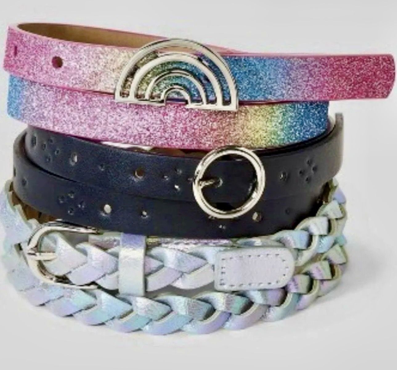 Cat & Jack Kids Belt Trio - Black, Iridescent Silver, Pink-Blue Glitter