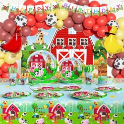 Farm Birthday Decorations, 212 PCs - Farm Animal Birthday Party Supplies with Red Barn Backdrop, Balloon Garland, Tableware Set, Plates, Napkins, Cups