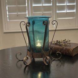Rustic Wrought Iron Candle Lantern w/ Hand-Blown Turquoise Glass