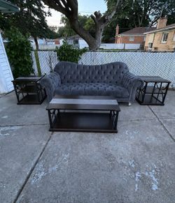 Gray Tufted Sofa with 3 Tables