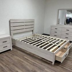 Bedroom Set With Storage Platform Bed Set Dresser Mirror Nightstand Wood Set NEW