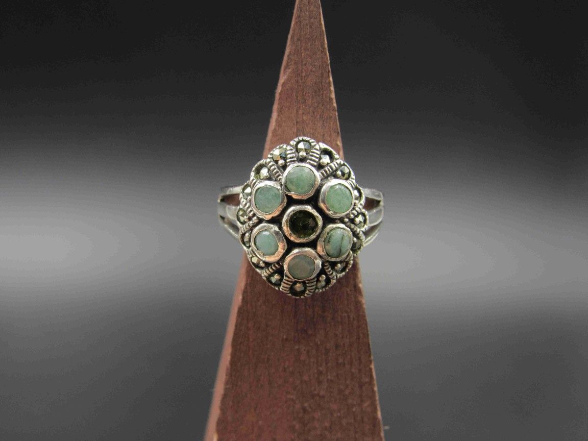 Size 7 Sterling Silver Marcasite & Chrysoprase Gem Band Ring Vintage Statement Engagement Wedding Promise Anniversary Bridal