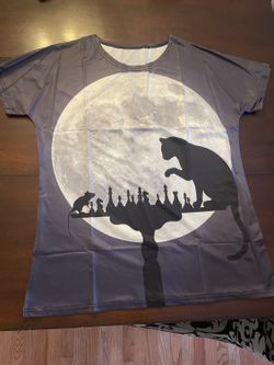 Cat Playing Chess With Mouse Full Moon Graphic T Shirt Size L Slate Gray New In Bag Halloween Tee