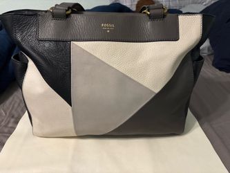Fossil Pebbled Grain Leather Color-block Purse,  black gray cream, shoulder purse, zipper closure, authentic genuine leather, leather has been cleaned