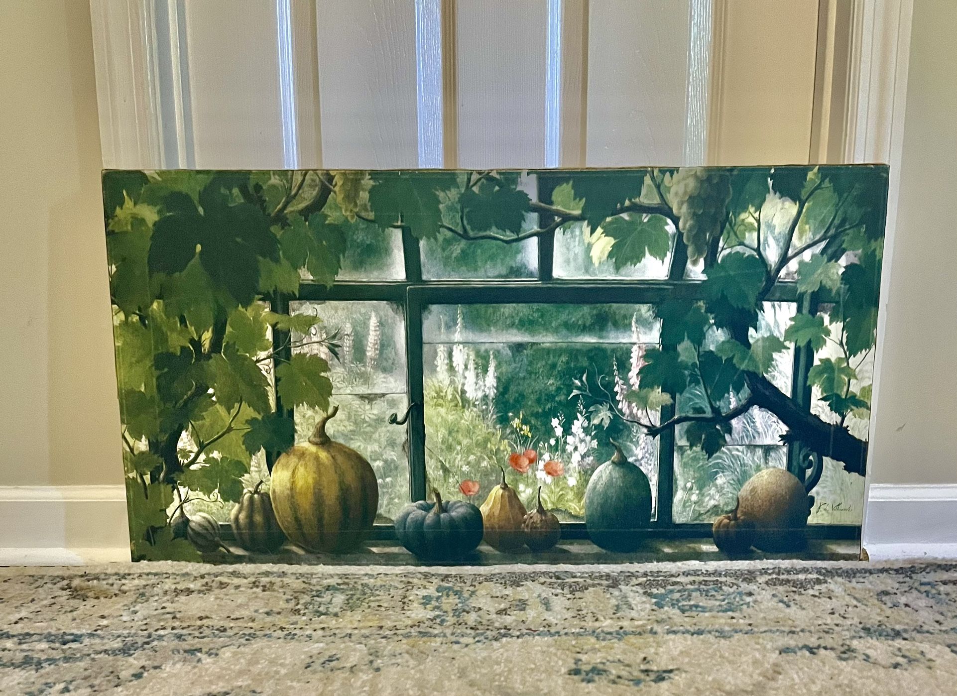Fall Pumpkins Window Scene Oil On Canvas