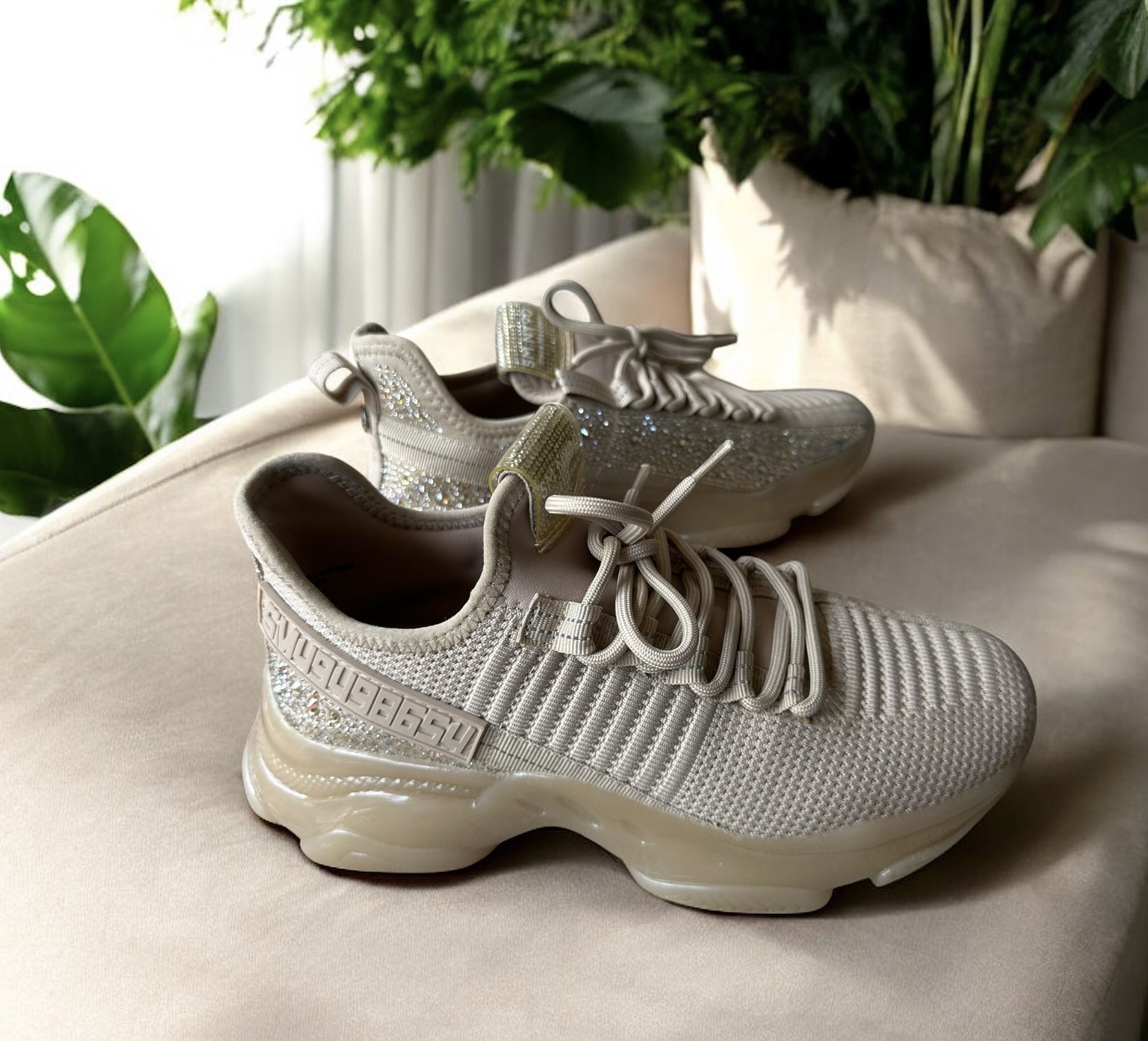 Steve Madden Maxima Beige/Taupe Rhinestone Sparkle Sneakers