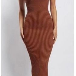 MESHKI Brown Ribbed Knit Midi Bodycon Dress