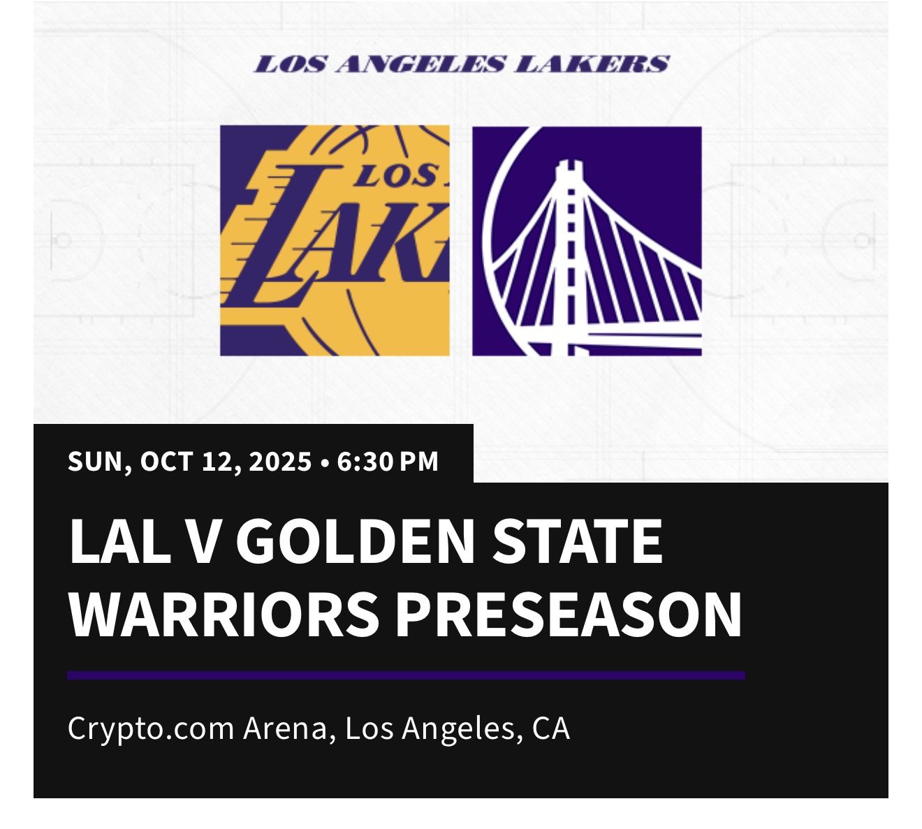 4 Tickets For Lakers V Warriors (Sunday Oct 12) 