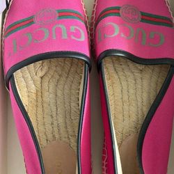 GUCCI Pilar Espadrille Women Size 7.5 /38 Fuchsia Pink Canvas Logo