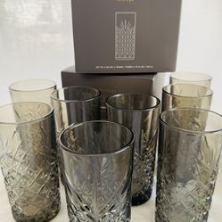 Pottery Barn Trellis Etched Highball Smoke Glass Collection, 8 pc, New in Boxes, 15 oz   