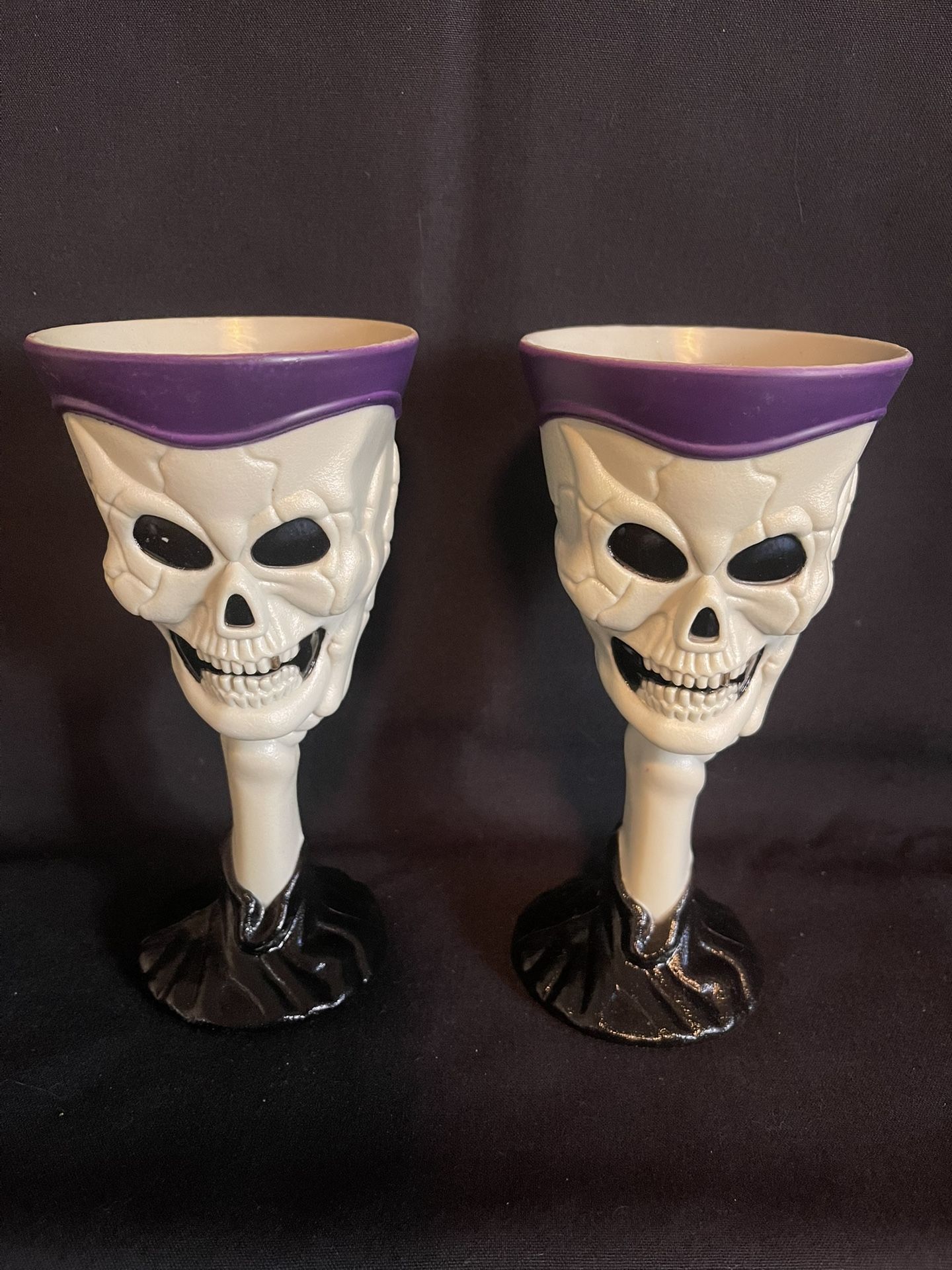 Pair of Collectible Halloween Skull Skeleton Hand Goblets Wine Cup Bones Chalice