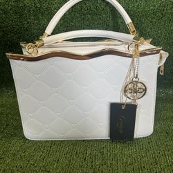 White Leather NWT Crossi Medium Faux Double Handle Handbag with Gold Accents