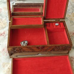 Moving sale! Vintage Chinese Carved Wooden Jewelry Box With Red Velvet Int. Fu Symbol.
