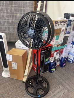 16" Outdoor Misting Stand Fan, 3-Speed, Oscillating, GFCI, Hose, Black, New 