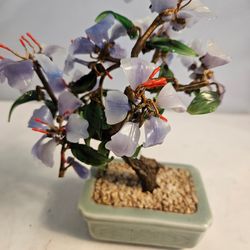 Vintage Chinese-style gemstone bonsai tree lavender purple flowers and green leaves celadon ceramic pot