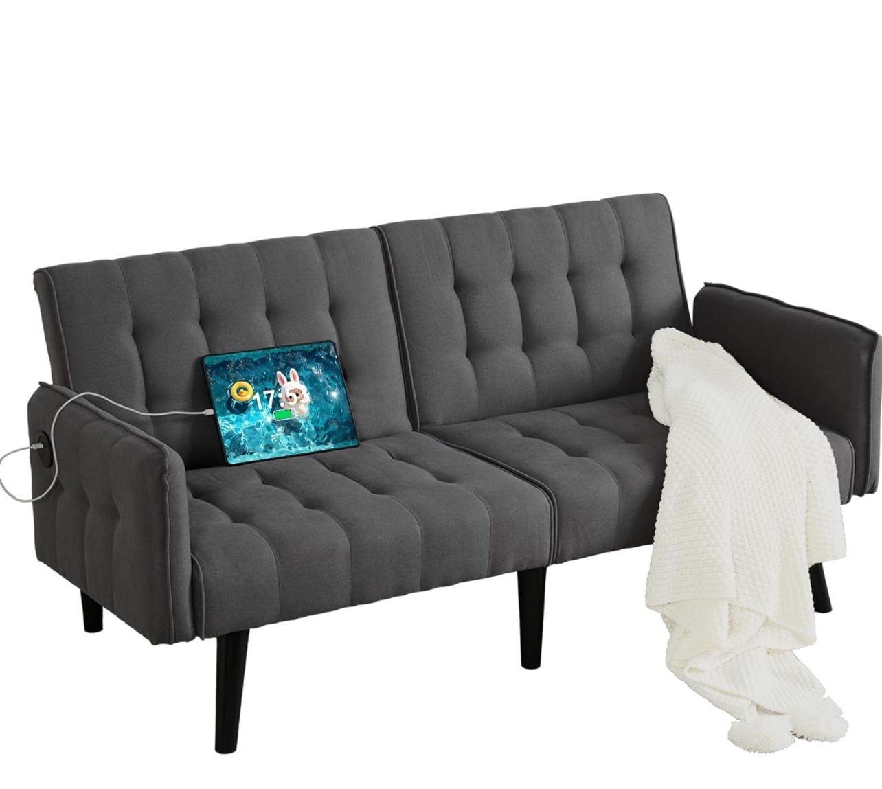 1396i 65“ Convertible Futon Sofa Bed w/ 2 USB, Upholstered Tufted Small Adjustable Folding Couch Loveseat, Modern Mid Century Sleeper Sofa for Living 