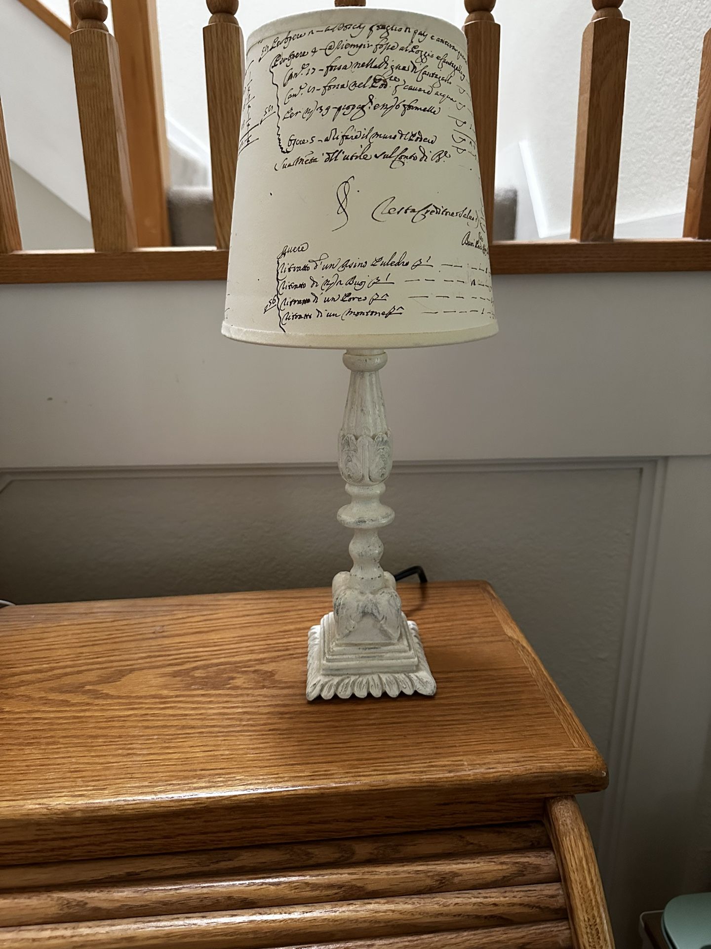 2 lamps Vintage 21” tall dark bronze candle stick style tables lamp with dried leaf shade, Pier1 vintage white wood 18” high inch lamp.