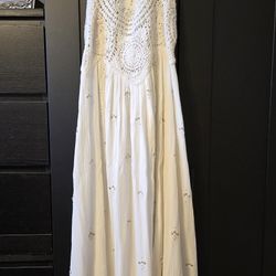 White Boho Crochet Maxi Dress M-L Beaded Lace Festival Summer