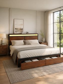 King Size Bed Frame with 4 Storage Drawers & LED Headboard – Brown Wood & Black Metal Platform Bed, New in Box