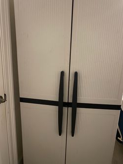 White Storage Cabinet with Black Handles