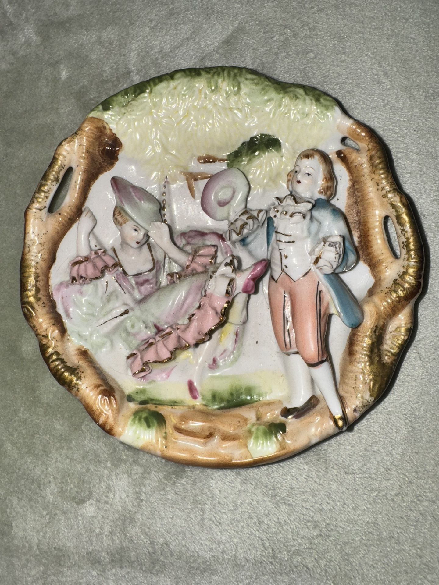 Beautiful Wall Plate 3D Figures Man Woman on Swing Garden HP Bisque Betson 8"x2"