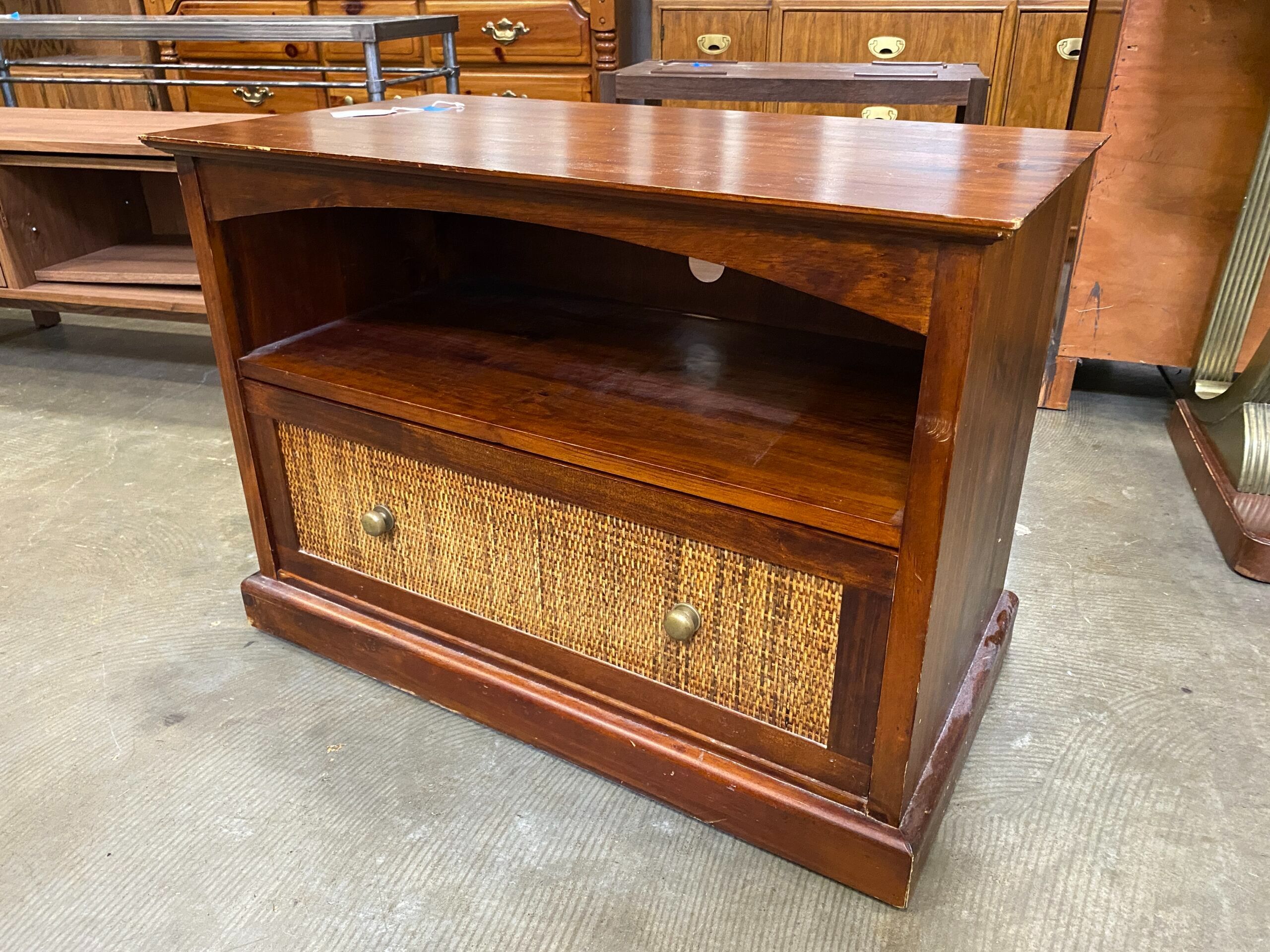 PIER 1 IMPORTS Oak and Wicker Single Drawer Side Table