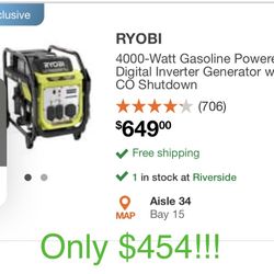 Ryobi 4000 W gasoline powered generator with CO shutdown only $454