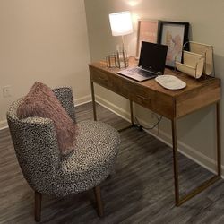Wood Desk + Leopard Accent Chair 