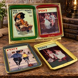 Vintage 1980 Norman Rockwell Daher 4pc Snack Tray Set Saturday Evening Post Box