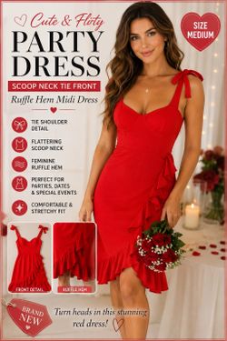 ❤️ Women’s Scoop Neck Tie Front Ruffle Hem Party Midi Dress – Red – Size Medium – BRAND NEW