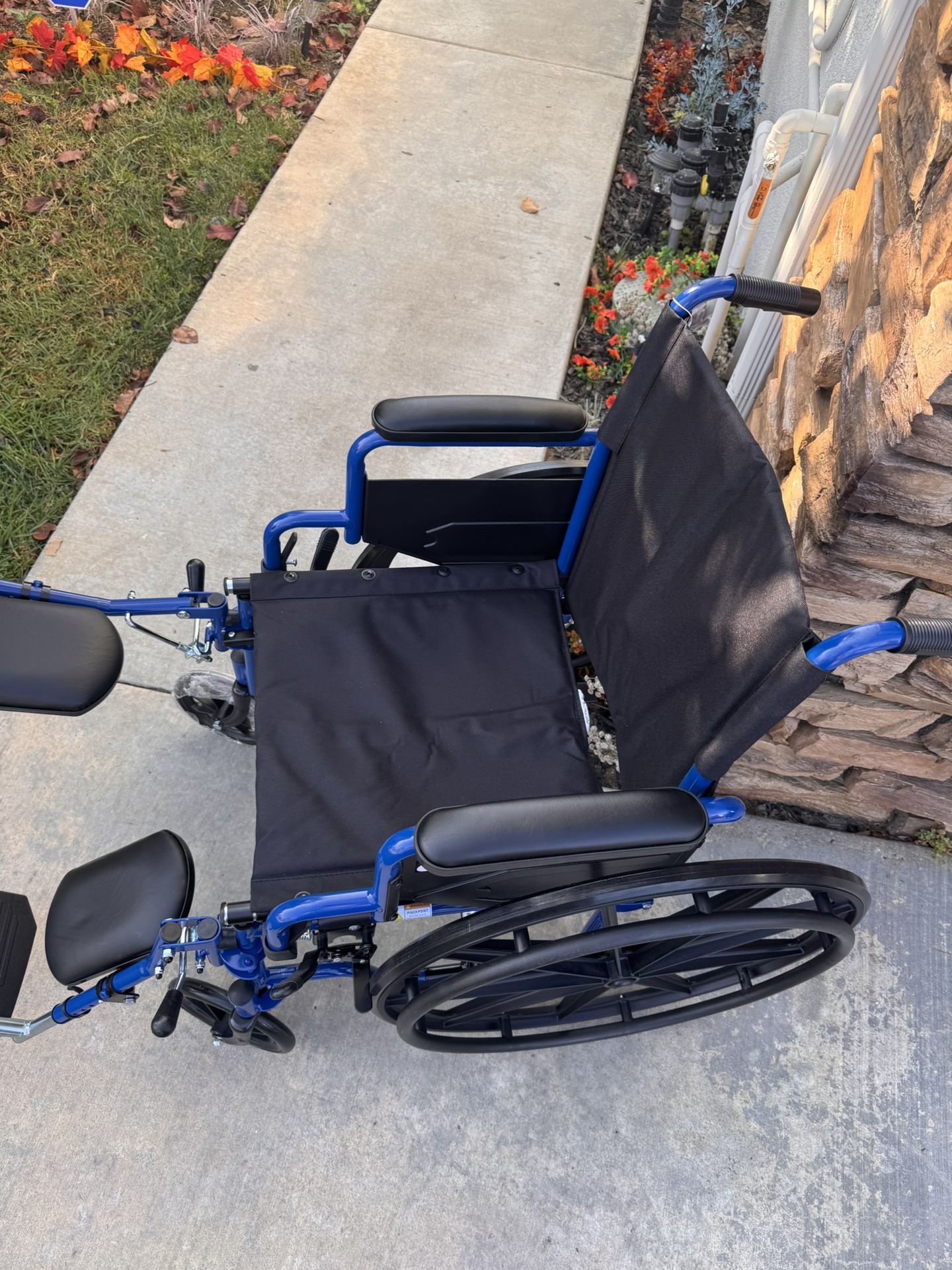Blue medical wheelchair large wheels, full-size leg rest – brand new assembled