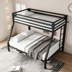 Black Twin over Full Size Metal Bunk Bed with Removable Durable Ladder