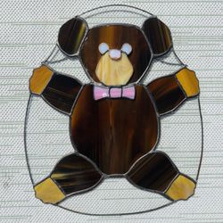 HUGE Vintage Leaded Stained Glass Teddy Bear Plush Window Art Suncatcher 16"x14"  Vintage. 16 inch high 14 inch wide. Handmade. 2.5 pounds. 1 inch cra
