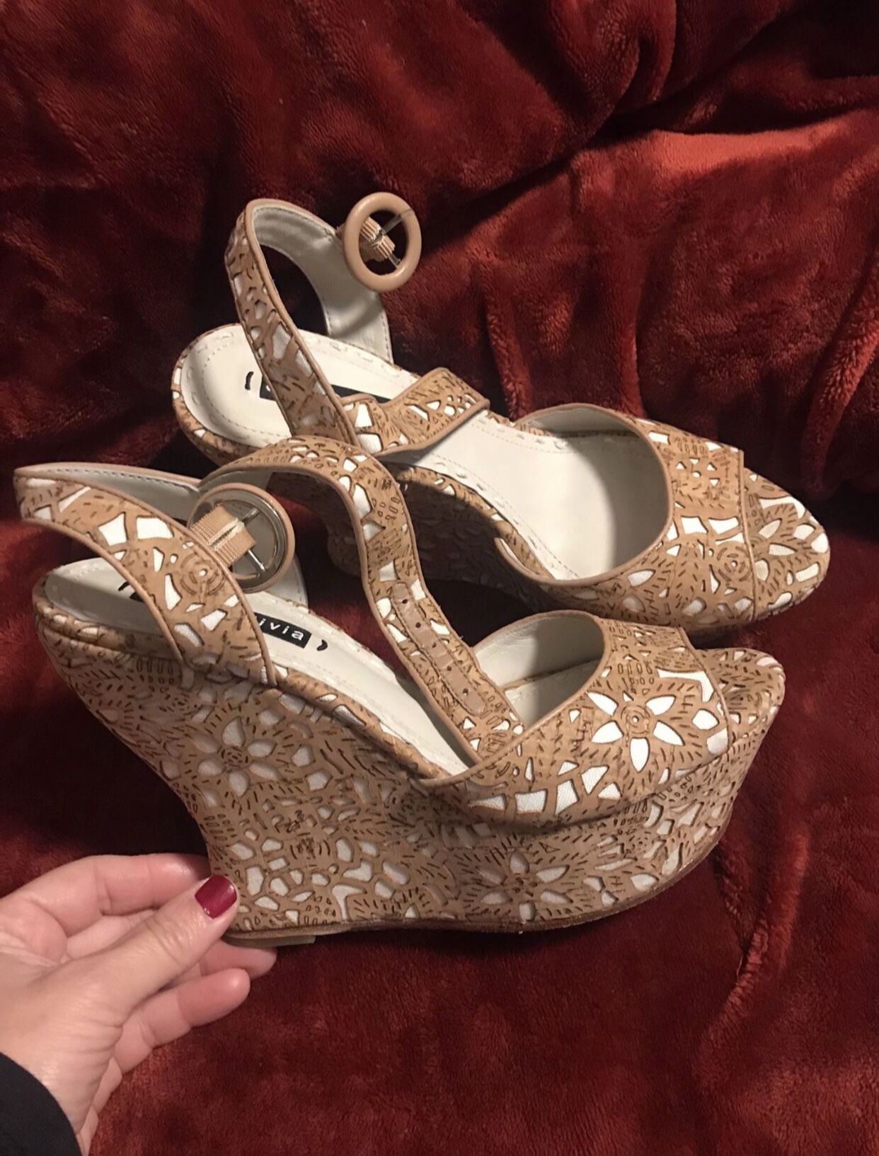 Alice & Olivia Cork White Leather Peep Toe Platform Wedge Heels